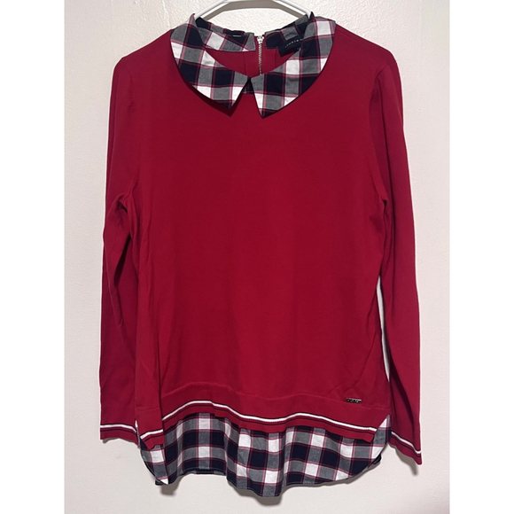 Tommy Hilfiger Sweaters - Tommy Hilfiger Layered Sweater Women’s Large Red Navy Shirttail Plaid Twofer